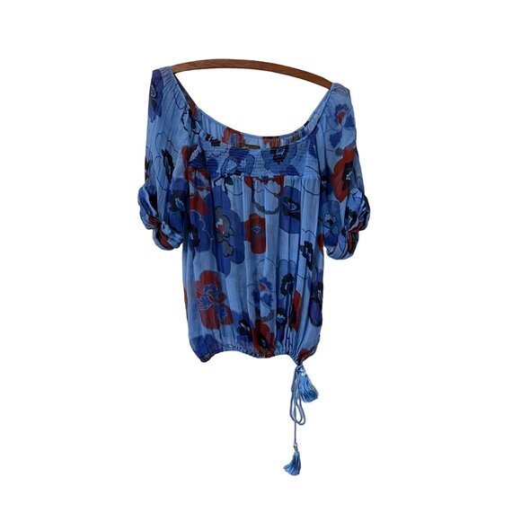 Anthropologie Fei Womens Blue Floral Smocked Tassel Peasant Silk Blouse Size 0 - Picture 1 of 6
